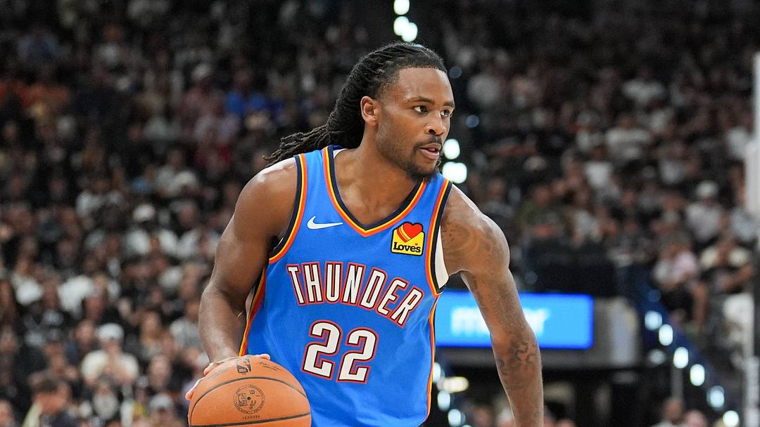 May 24, 2026; San Antonio, Texas, USA; Oklahoma City Thunder guard Cason Wallace (22) moves the ball in the fourth quarter against the San Antonio Spurs during game four of the western conference finals for the 2026 NBA playoffs at Frost Bank Center. Mandatory Credit: Daniel Dunn-Imagn Images