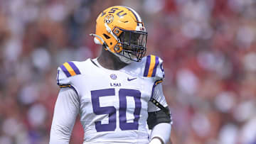 Sep 14, 2024; Columbia, South Carolina, USA; LSU Tigers offensive lineman Emery Jones Jr (50) looks on during the second quarter against the South Carolina Gamecocks at Williams-Brice Stadium. Mandatory Credit: Ken Ruinard/USA TODAY Network via Imagn Images