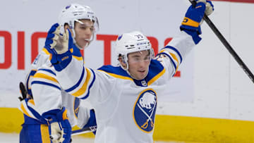 Sep 26, 2024; Ottawa, Ontario, CAN; Buffalo Sabres center Noah Ostlund (36) celebrates his goal scored in overtime against the Ottawa Senators at the Canadian Tire Centre. Mandatory Credit: Marc DesRosiers-Imagn Images