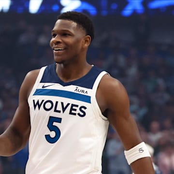 May 28, 2024; Dallas, Texas, USA; Minnesota Timberwolves guard Anthony Edwards (5) reacts during the first quarter against the Dallas Mavericks in game four of the western conference finals for the 2024 NBA playoffs at American Airlines Center. 