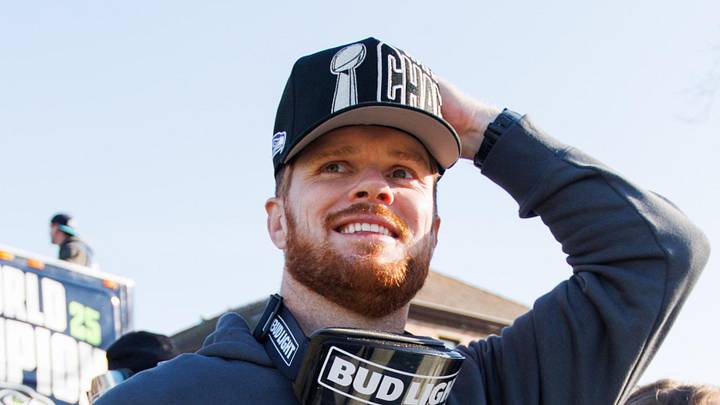 Seattle Seahawks quarterback Sam Darnold reacts during the Super Bowl LX parade