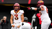 Iowa State Cyclones quarterback Rocco Becht (3) reacts after drawing an offside penalty on the Cincinnati Bearcats defense in the fourth quarter during a college football game between the Iowa State Cyclones and the Cincinnati Bearcats Saturday, Oct. 14, 2023, at Nippert Stadium win Cincinnati. The Iowa State Cyclones won, 30-10.