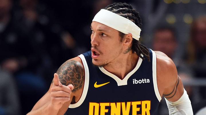Mar 27, 2026; Denver, Colorado, USA; Denver Nuggets forward Aaron Gordon (32) reacts after making a basket during the first half against the Utah Jazz at Ball Arena. Mandatory Credit: Christopher Hanewinckel-Imagn Images
