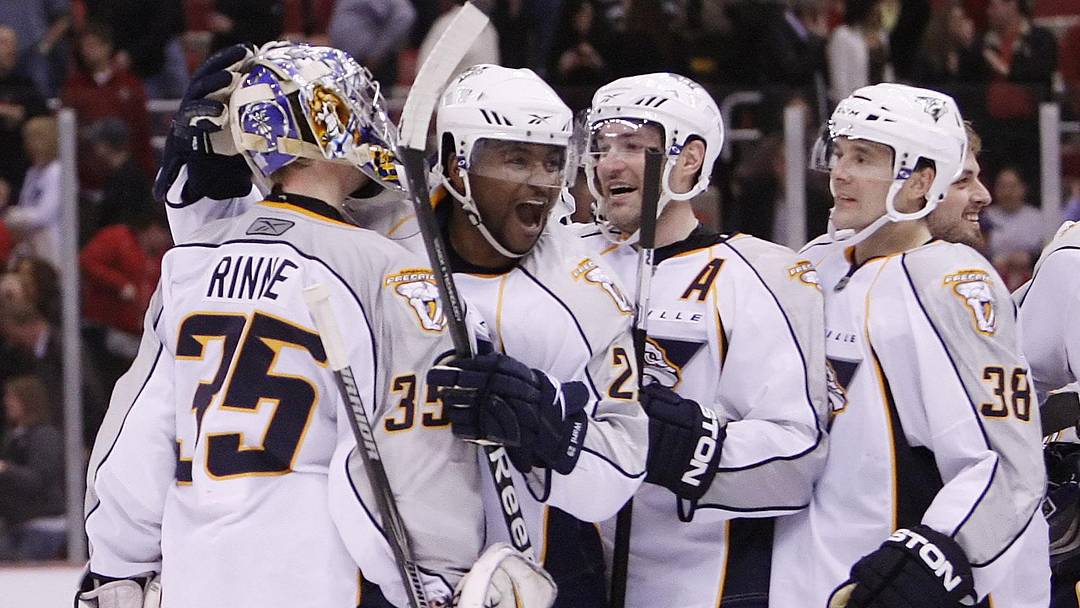 April 9, 2009, Detroit, MI, USA; Nashville Predators goalie Pekka Rinne (35) is congratulated by teammates Joel Ward (29) and J.P. Dumont (71) and center Vernon Fiddler (38) after a 4-3 shoot out win over the Red Wings at Joe Louis Arena. Mandatory Credit: Leon Halip-Imagn Images