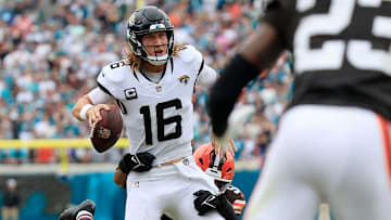 Jacksonville Jaguars quarterback Trevor Lawrence (16) can’t connect with wide receiver Gabe Davis (0) as Cleveland Browns linebacker Jordan Hicks (58) wraps up during the second quarter of an NFL football matchup Sunday, Sept. 15, 2024 at EverBank Stadium in Jacksonville, Fla. [Corey Perrine/Florida Times-Union]