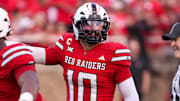 Texas Tech's Jacob Rodriguez calls out the defense during a non-conference football game against Arkansas-Pine Bluff, Saturday, Aug. 30, 2025, at Jones AT&T Stadium.