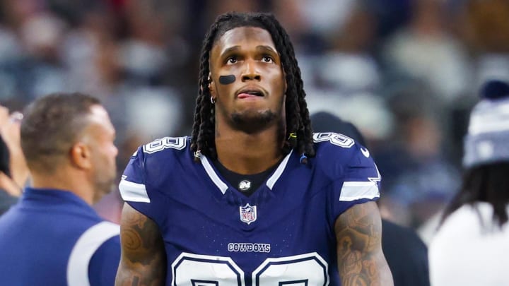 Dec 30, 2023; Arlington, Texas, USA;  Dallas Cowboys wide receiver CeeDee Lamb (88) reacts during the game against the Detroit Lions at AT&T Stadium. 