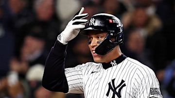 Oct 15, 2024; Bronx, New York, USA; New York Yankees outfielder Aaron Judge (99) celebrates after hitting a two run home run during the seventh inning against the Cleveland Guardians in game two of the ALCS for the 2024 MLB Playoffs at Yankee Stadium. 