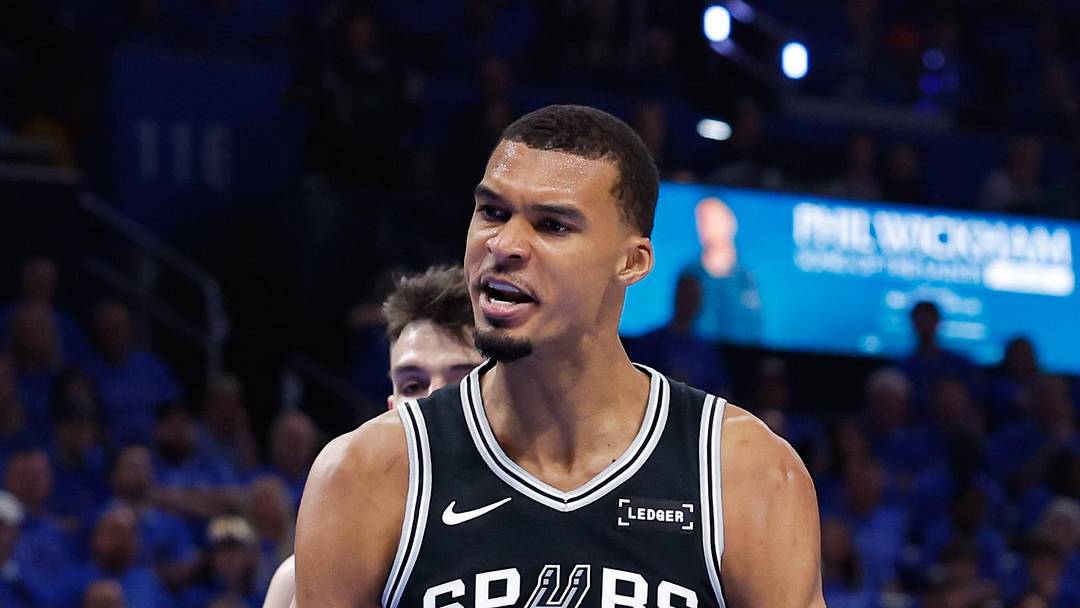 May 18, 2026; Oklahoma City, Oklahoma, USA; San Antonio Spurs center Victor Wembanyama (1) reacts after a dunk in the second quarter against the Oklahoma City Thunder during game one of the western conference finals for the 2026 NBA playoffs at Paycom Center. Mandatory Credit: Alonzo Adams-Imagn Images