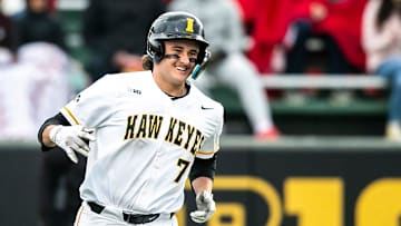 Iowa's Keaton Anthony reacts after hitting a home run during a NCAA Big Ten Conference baseball game against Nebraska, Friday, April 21, 2023, at Duane Banks Field in Iowa City, Iowa.

230421 Nebraska Iowa B 021 Jpg