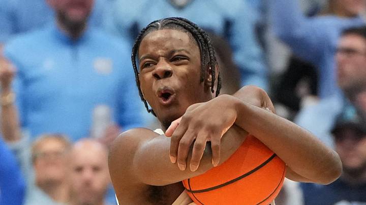 Feb 7, 2026; Chapel Hill, North Carolina, USA; North Carolina Tar Heels forward Caleb Wilson (8) reacts in the second  half at Dean E. Smith Center. Mandatory Credit: Bob Donnan-Imagn Images