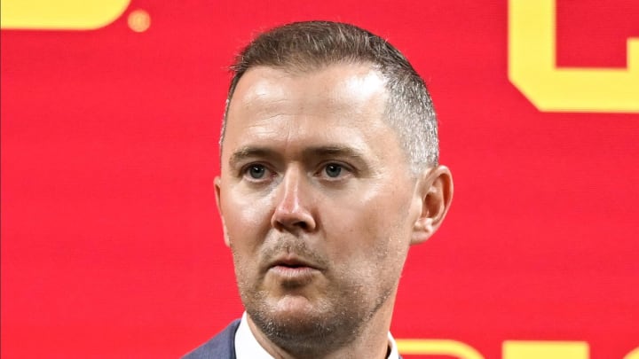 Jul 24, 2024; Indianapolis, IN, USA;  USC Trojans head coach Lincoln Riley speaks to the media during the Big 10 football media day at Lucas Oil Stadium. Mandatory Credit: Robert Goddin-USA TODAY Sports