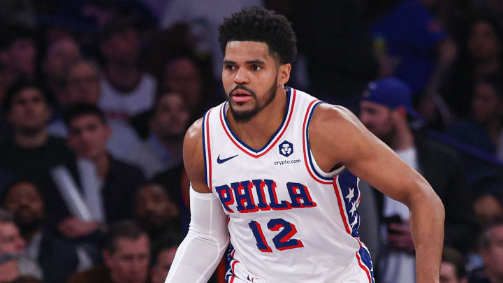 Mar 12, 2024; New York, New York, USA; Philadelphia 76ers forward Tobias Harris (12) dribbles up court during the first quarter against the New York Knicks at Madison Square Garden. Mandatory Credit: Vincent Carchietta-USA TODAY Sports