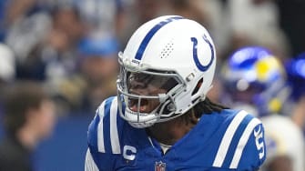 Indianapolis Colts quarterback Anthony Richardson (5) celebrates a touchdown during the second half
