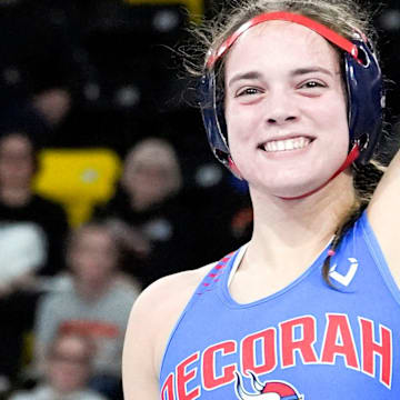 Decorah’s Anastasia Simon was one of two unranked Iowa wrestlers to pull upsets and win a title at the Brian Keck Memorial Preseason Nationals.