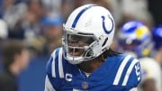 Indianapolis Colts quarterback Anthony Richardson (5) celebrates a touchdown during the second half of the game against the Los Angeles Rams on Sunday, Oct. 1, 2023, at Lucas Oil Stadium in Indianapolis.