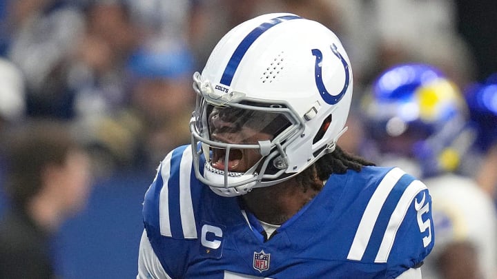 Indianapolis Colts quarterback Anthony Richardson (5) celebrates a touchdown during the second half of the game against the Los Angeles Rams on Sunday, Oct. 1, 2023, at Lucas Oil Stadium in Indianapolis.