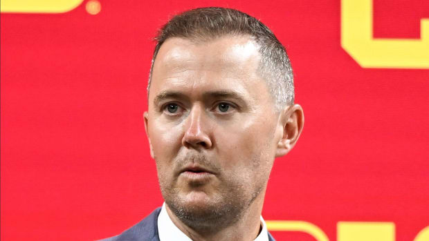 USC Trojans head coach Lincoln Riley speaks to the media during the Big 10 football media day 