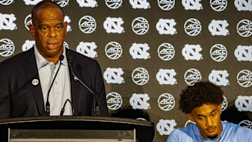 North Carolina head coach Hubert Davis and senior Seth Trimble at the 2025 ACC Tipoff