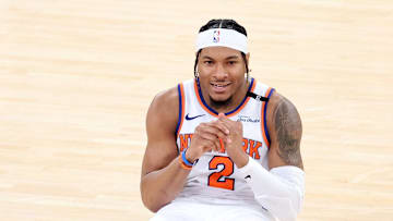 May 21, 2025; New York, New York, USA; New York Knicks guard Miles McBride (2) reacts in the fourth quarter against the Indiana Pacers during game one of the eastern conference finals for the 2025 NBA Playoffs at Madison Square Garden. Mandatory Credit: Wendell Cruz-Imagn Images