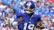Aug 9, 2025; Orchard Park, New York, USA; New York Giants quarterback Jameis Winston (19) runs with the ball against the Buffalo Bills during the second half at Highmark Stadium. Mandatory Credit: Gregory Fisher-Imagn Images
