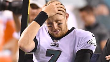 Former Philadelphia Eagles quarterback Nate Sudfeld (7) leaves the game on a cart with an air cast on his left wrist at the end of the second quarter against the Tennessee Titans at Lincoln Financial Field.