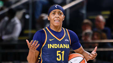 May 28, 2025; Washington, District of Columbia, USA; Indiana Fever guard Sydney Colson (51) reacts to a call from the referee in the first quarter against the Washington Mystics at Entertainment & Sports Arena. Mandatory Credit: Emily Faith Morgan-Imagn Images
