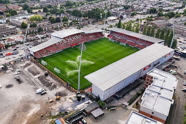 An aerial view of the Racecourse Ground before Wrexham's first game of the 2025/26 season.