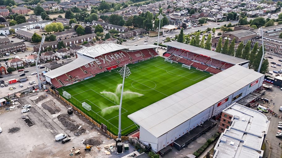An aerial view of the Racecourse Ground before Wrexham's first game of the 2025/26 season.