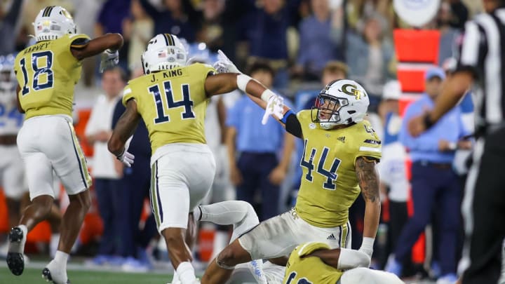 Oct 28, 2023; Atlanta, Georgia, USA; Georgia Tech Yellow Jackets linebacker Kyle Efford (44) reacts after a turnover against the North Carolina Tar Heels in the second half at Bobby Dodd Stadium at Hyundai Field. Mandatory Credit: Brett Davis-USA TODAY Sports