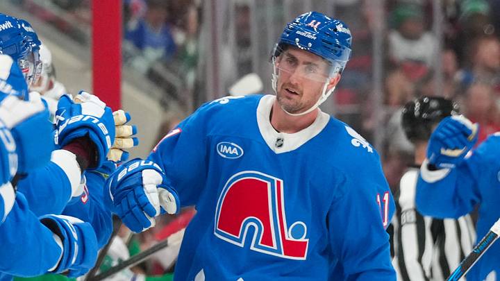 Jan 3, 2026; Raleigh, North Carolina, USA; Colorado Avalanche center Brock Nelson (11) celebrates after scoring a goal against the Carolina Hurricanes during the third period at Lenovo Center. Mandatory Credit: James Guillory-Imagn Images