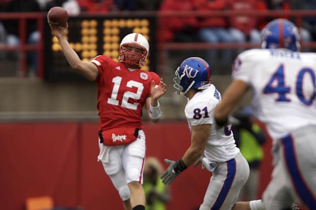 Nebraska Cornhuskers quarterback Joe Ganz (12) throws against the Kansas Jayhawks.