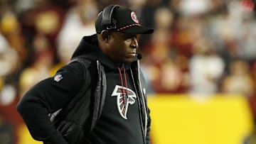 Dec 29, 2024; Landover, Maryland, USA; Atlanta Falcons head coach Raheem Morris looks on from the sidelines against the Washington Commanders during the third quarter at Northwest Stadium. Mandatory Credit: Geoff Burke-Imagn Images