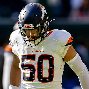 Denver Broncos v New York Jets International Series 12 10 2025. International Series Denver Broncos Linebacker Garret Wallow (50) and Denver Broncos Linebacker Karene Reid (47) warming up before the International Series match between Denver Broncos and New York Jets at Tottenham Hotspur Stadium, London, United Kingdom on 12 October 2025.