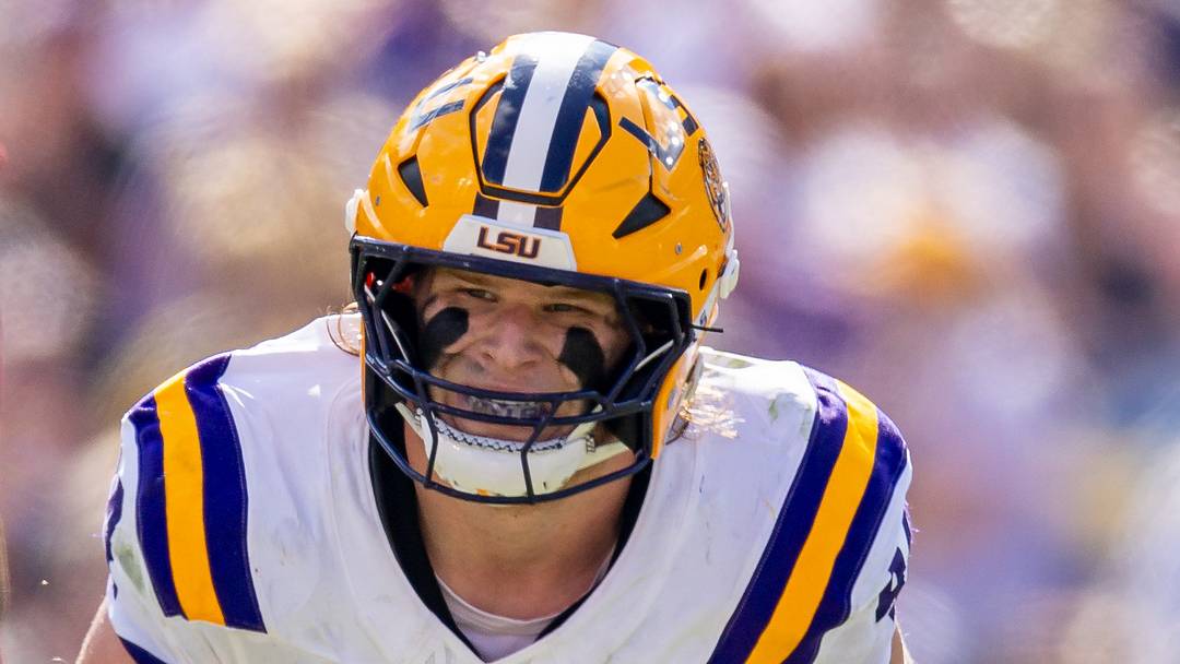 Nov 15, 2025; Baton Rouge, Louisiana, USA;  LSU Tigers defensive end Jack Pyburn (44) looks on against Arkansas Razorbacks quarterback Taylen Green (10) during the first half at Tiger Stadium. Mandatory Credit: Stephen Lew-Imagn Images