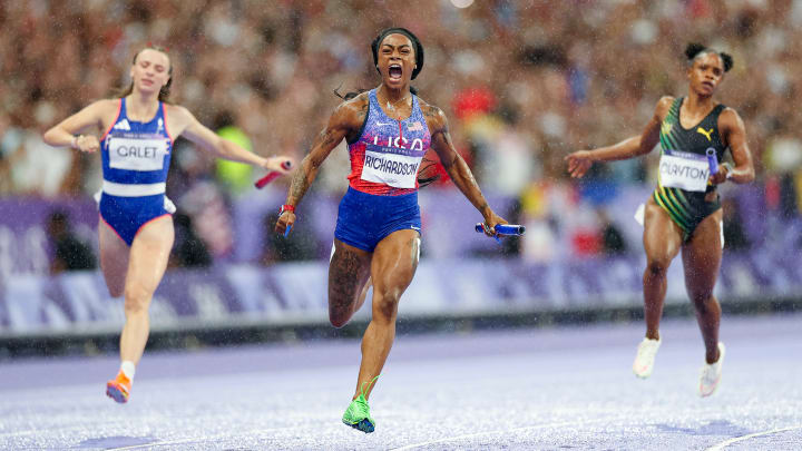 United States sprinter Sha'Carri Richardson reacts after winning the 4x100-meter relay. 