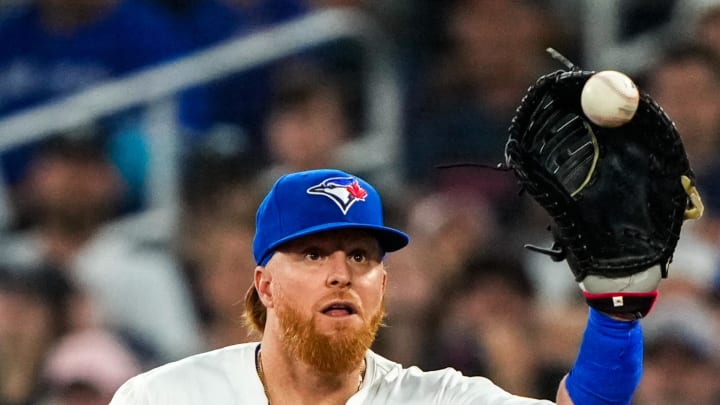 Toronto Blue Jays first base Justin Turner (2) fields the ball against the New York Yankees at Rogers Centre on June 29.