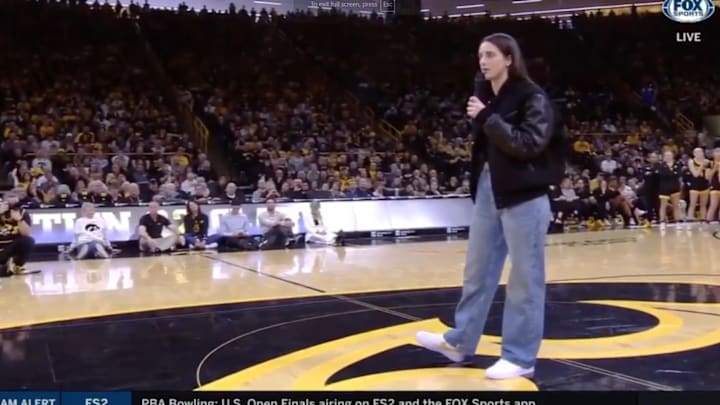 Clark gives a speech after her jersey number was retired