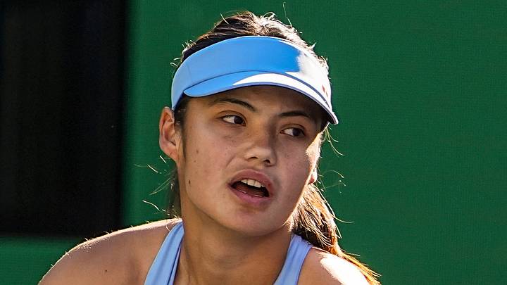 Emma Raducanu plays a point at Indian Wells