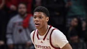 Feb 12, 2025; Piscataway, New Jersey, USA; Rutgers Scarlet Knights guard Ace Bailey (4) dribbles up court during the second half against the Iowa Hawkeyes at Jersey Mike's Arena. Mandatory Credit: Vincent Carchietta-Imagn Images
