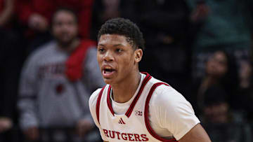 Feb 12, 2025; Piscataway, New Jersey, USA; Rutgers Scarlet Knights guard Ace Bailey (4) dribbles up court during the second half against the Iowa Hawkeyes at Jersey Mike's Arena. Mandatory Credit: Vincent Carchietta-Imagn Images