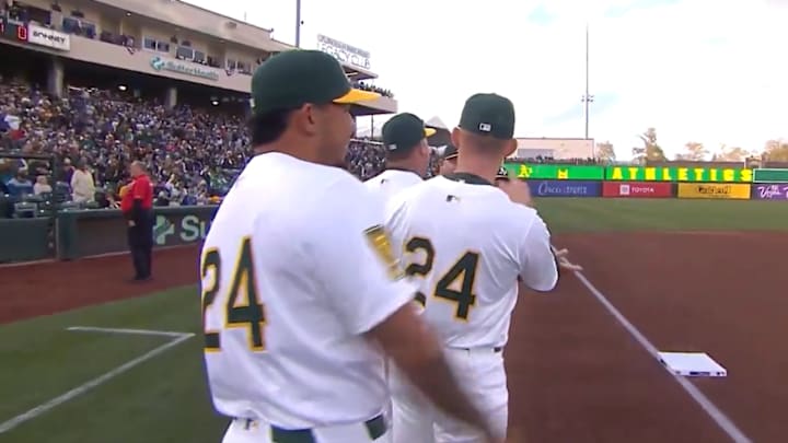 Athletics players on opening night at Sutter Health Park in Sacramento.