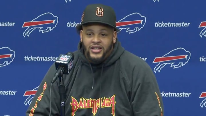 Buffalo Bills OT Dion Dawkins speaks to the media on Dec. 5, 2024. Buffalo Bills OT Dion Dawkins speaks to the media on Dec. 5, 2024.