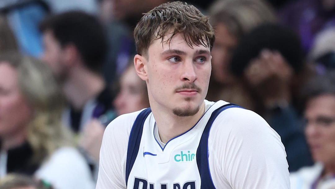 Dec 15, 2025; Salt Lake City, Utah, USA; Dallas Mavericks forward Cooper Flagg (32) waits to check in to the game against the Utah Jazz during the second half at Delta Center. Mandatory Credit: Rob Gray-Imagn Images