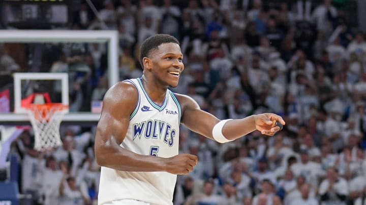 Apr 23, 2024; Minneapolis, Minnesota, USA; Minnesota Timberwolves guard Anthony Edwards (5) dances against the Phoenix Suns in the fourth quarter during game two of the first round for the 2024 NBA playoffs at Target Center. Mandatory Credit: Brad Rempel-USA TODAY Sports