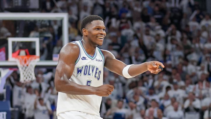 Apr 23, 2024; Minneapolis, Minnesota, USA; Minnesota Timberwolves guard Anthony Edwards (5) dances against the Phoenix Suns in the fourth quarter during game two of the first round for the 2024 NBA playoffs at Target Center. Mandatory Credit: Brad Rempel-USA TODAY Sports