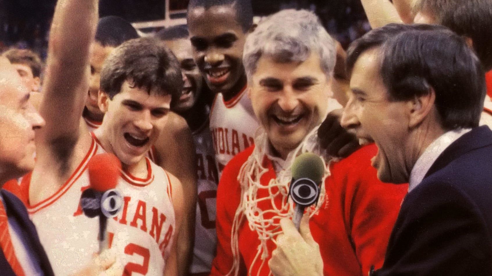 Indiana coach Bob Knight celebrates the Hoosiers' 1987 NCAA championship with Steve Alford.