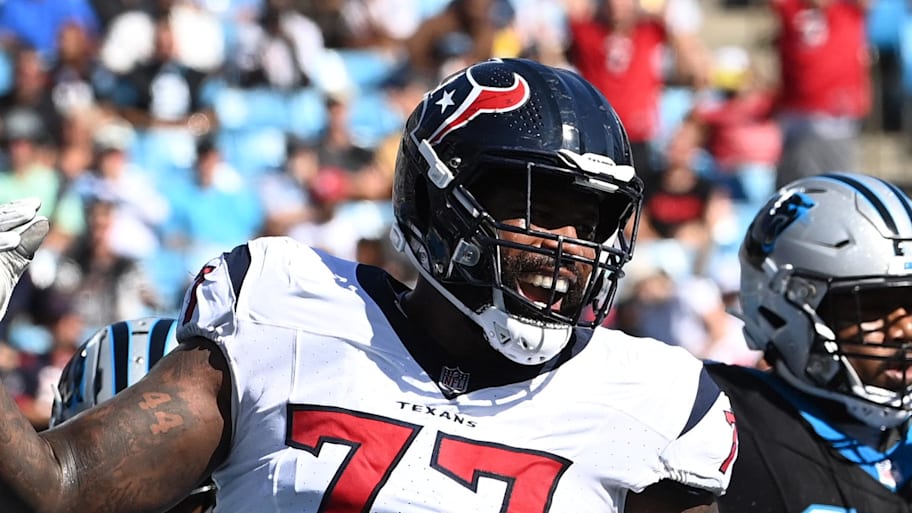 Houston Texans offensive tackle George Fant reacts in the first quarter at Bank of America Stadium. | Bob Donnan-Imagn Images