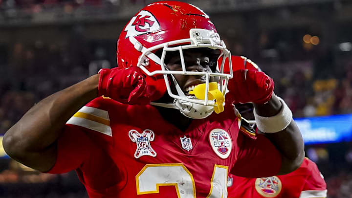 Dec 25, 2025; Kansas City, Missouri, USA; Kansas City Chiefs running back Brashard Smith (24) celebrates during the second quarter at GEHA Field at Arrowhead Stadium.