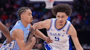Mar 14, 2025; Charlotte, NC, USA; Duke Blue Devils guard Tyrese Proctor (5) goes to the basket against North Carolina Tar Heels guard Seth Trimble (7) during the second half at Spectrum Center. Mandatory Credit: Jim Dedmon-Imagn Images